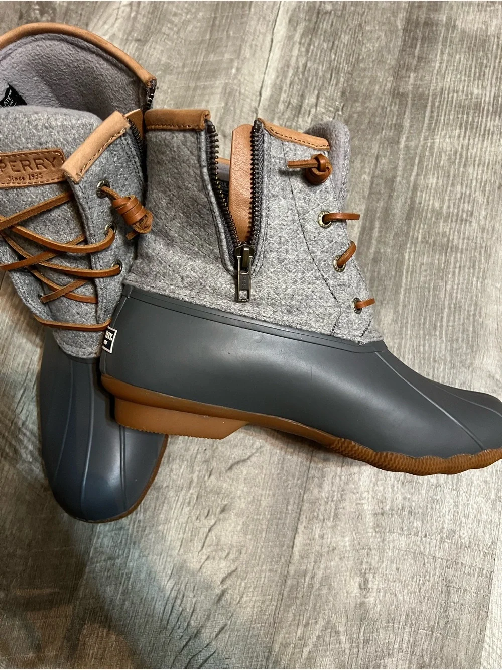 Sperry Gray and Brown Waterproof Wool-Trim Duck Boots